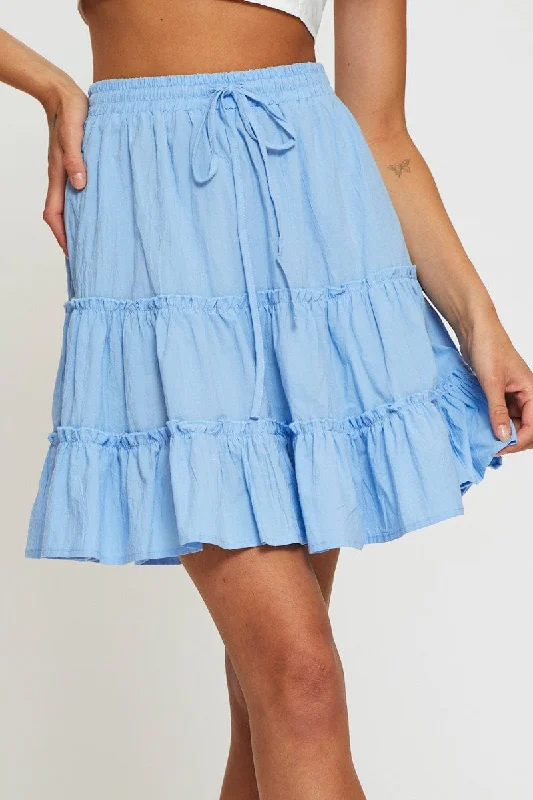 Blue Elastic Waist Frill Hem Skater Skirt