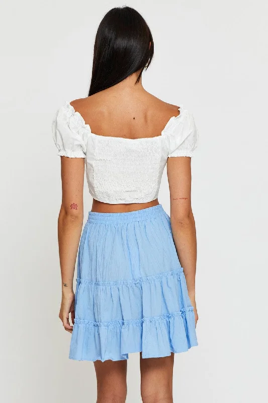 Blue Elastic Waist Frill Hem Skater Skirt