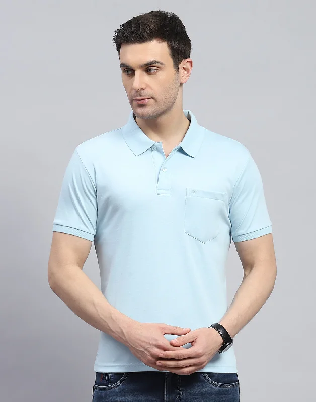 Men's Shirts for CampingMen Blue Solid Polo Collar Half Sleeve T-Shirt