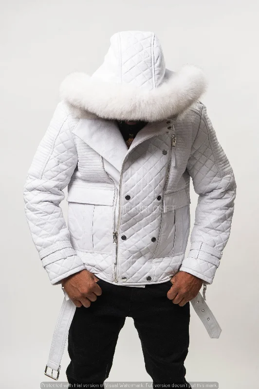 Men's Hoodies for Casual WearMen's Billy Leather Biker Hoodie With Fur Hood [White]